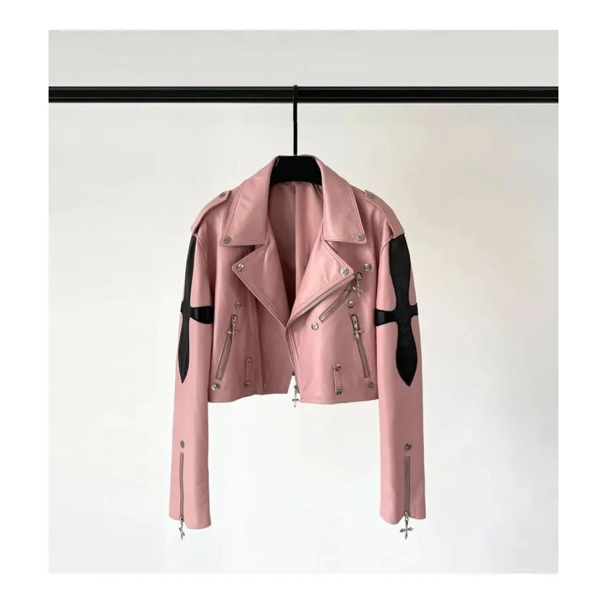 Women's Sheepskin Leather Cross Slim Rivet Motorcycle Zipper Street Jacket