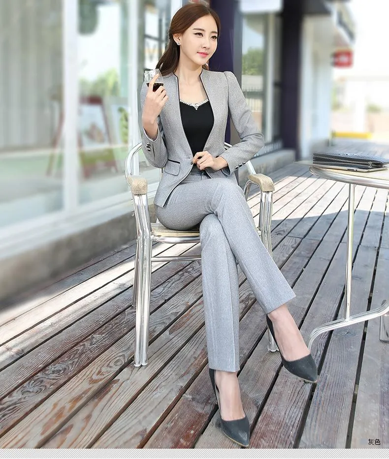 Women's Uniform 2 Pieces Formal Pant Suit Set for Office Business Wear