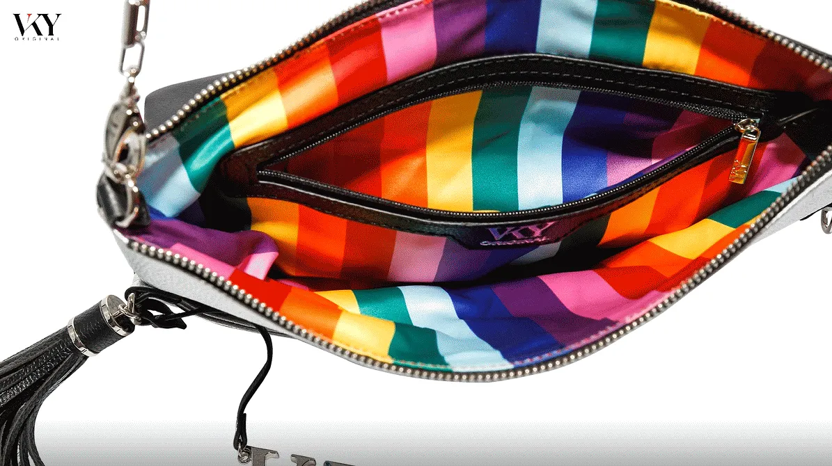 Womens Vky Lourve Clutch Leather Bag Handbag Black/Matt Silver Rainbow